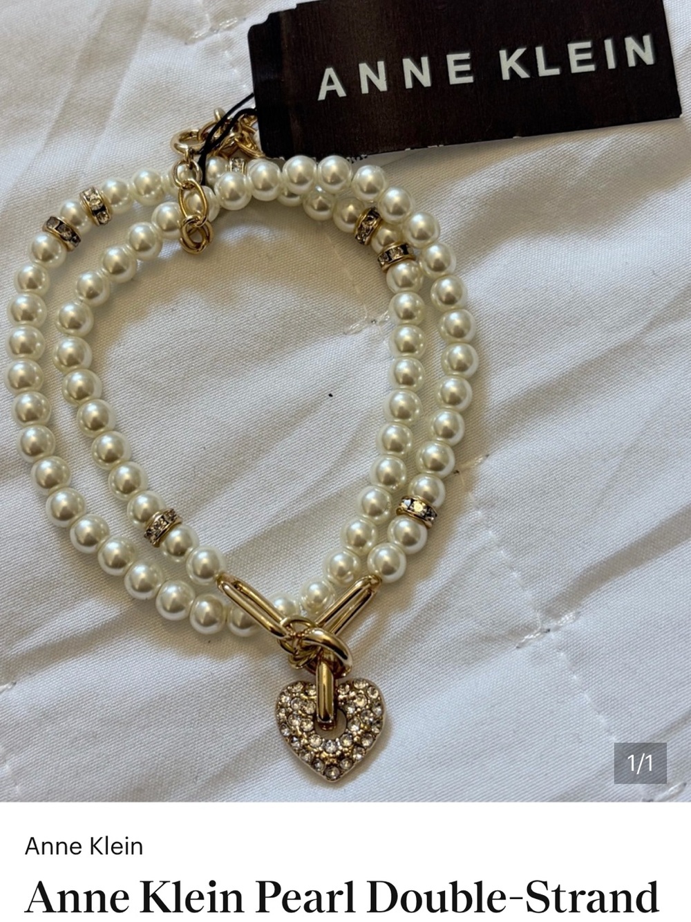 Anne Klein White Pearl Double-Strand Bracelet with Gold Heart Charm